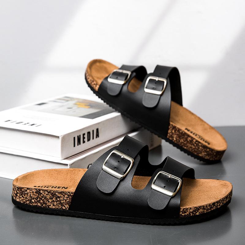 Women's Cork Insole Slippers Men's Sandals Summer Beach Sandals Men's Double Buckle Slip-on Sandals Non-slip Men's Cork Slippers