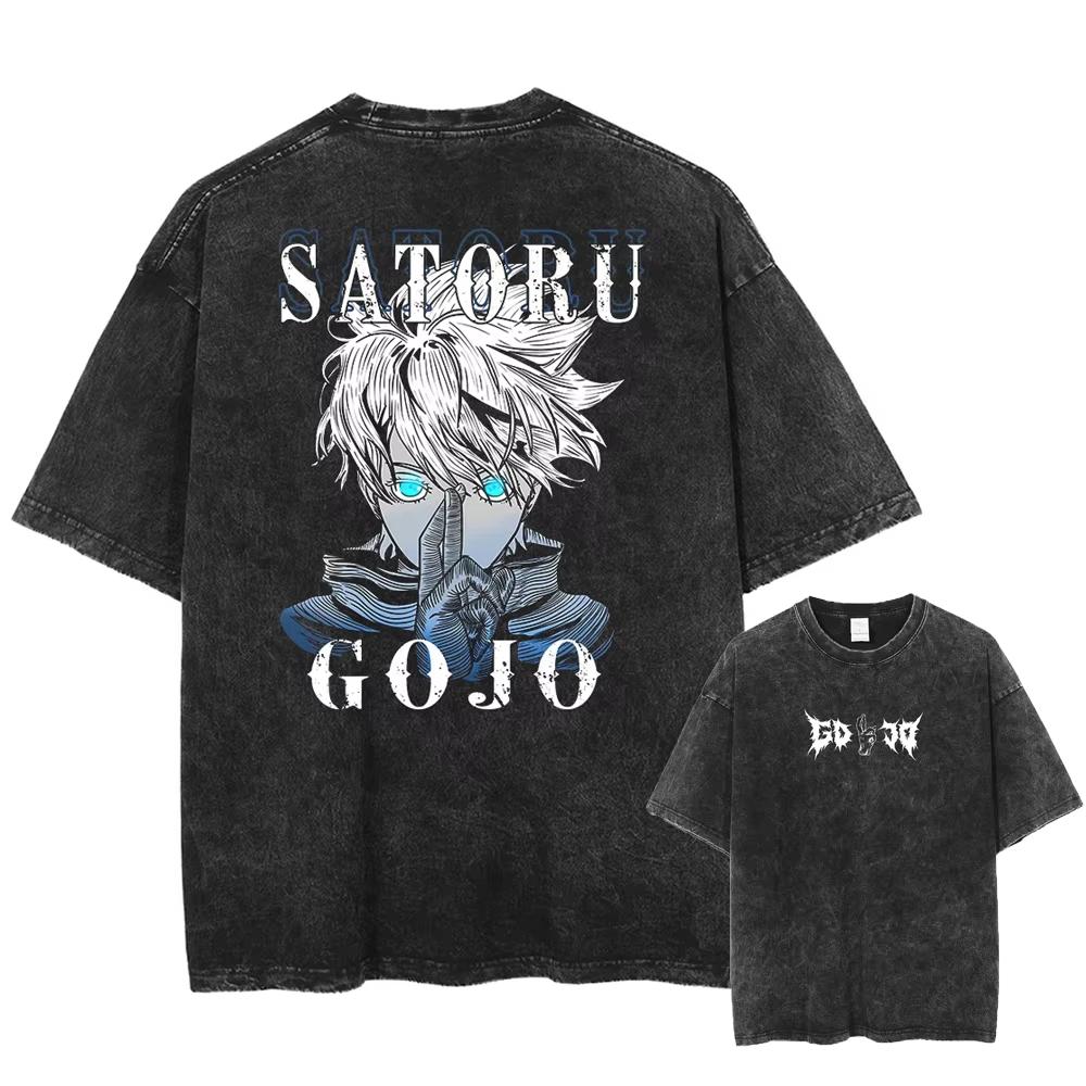 Japan Anime Jujutsu Kaisen Gojo Satoru Print Washed Tshirt Men Pure Cotton Tshirts Manga Casual T Shirt Harajuku Top Streetwear