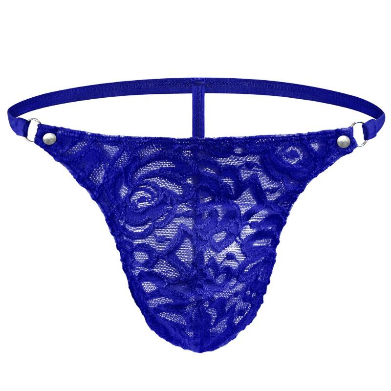 Men Lace Floral G-String Thong See Through T-Back Panties Breathable Mesh Sissy Lingerie With Metal Circular Waistband Underpant