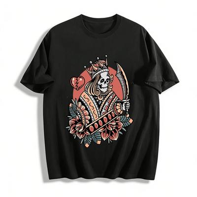 Vintage Skeleton King Broken Heart Rose Print Casual Tee Pure Cotton T-shirt