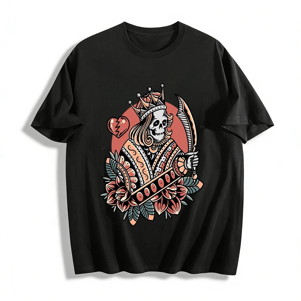 Vintage Skeleton King Broken Heart Rose Print Casual Tee Pure cotton T-shirt XXS