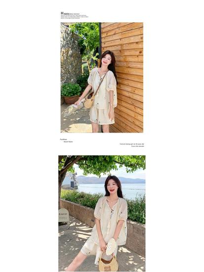 Women's Summer Lace-Up Top & Shorts Set - French Fresh Style