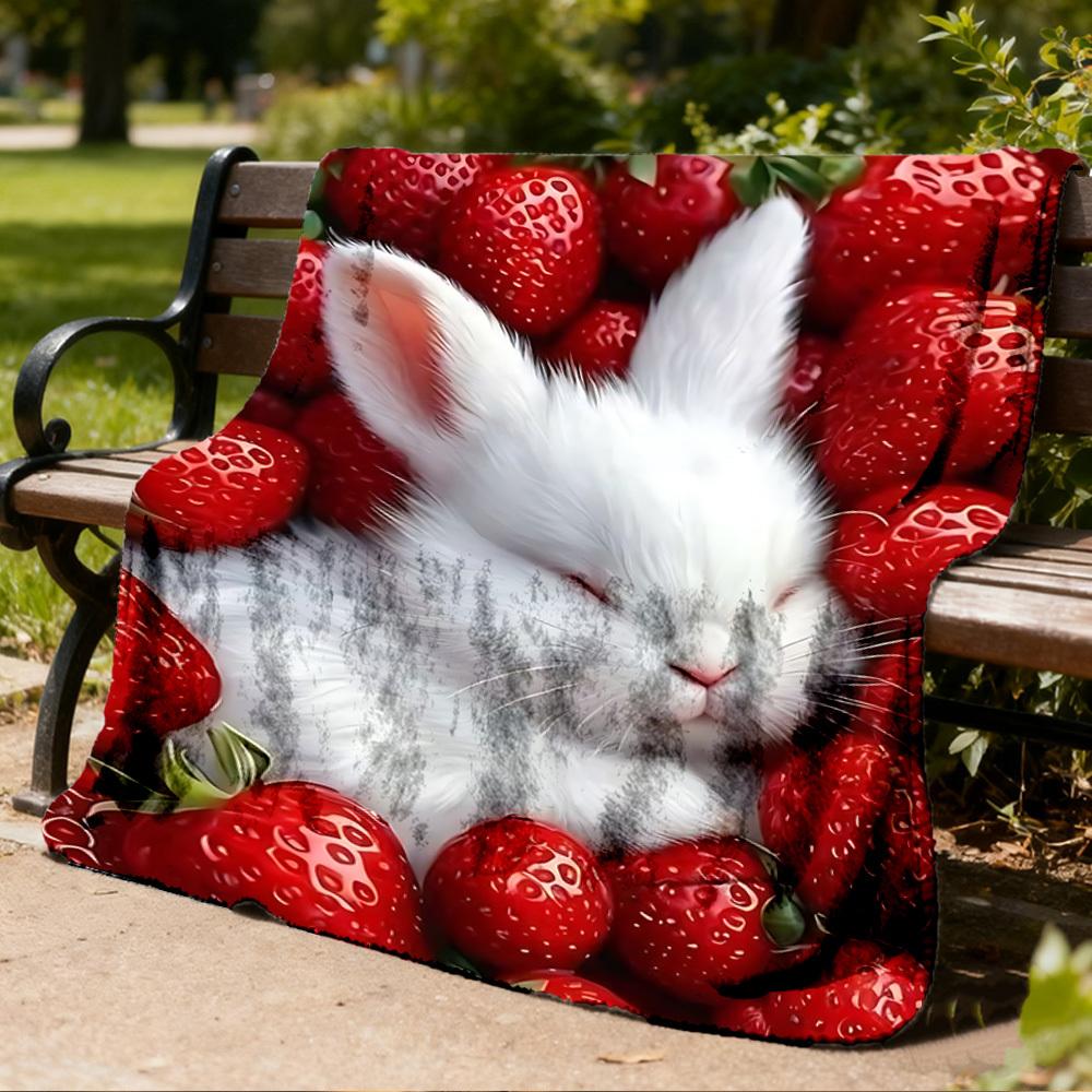 1pc Strawberry Bunny Outdoor Flannel Blanket , Machine Washable Perfect Gift for Birthday , Holiday Travel Accessory , Durable Material
