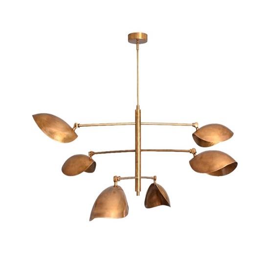 6 Light Curved Pendant Sputnik Chandelier | Mid Century Modern Raw Brass Ceiling Fixture