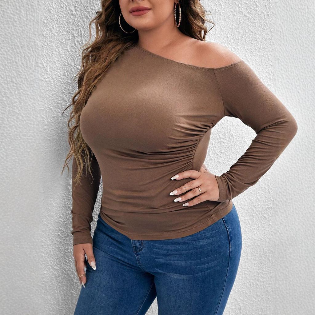 European and American large-size women's clothing new slanted shoulder off-the-shoulder top women's slim waist and thin versatile long-sleeved T-shirt