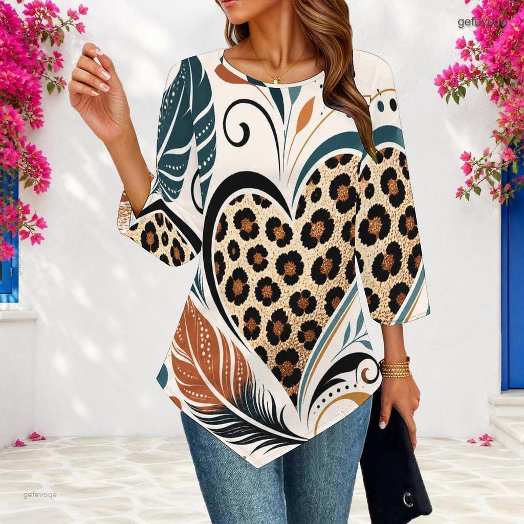 Ladies Plus Size Three Quarter Sleeve Shirt Pointed Hem Loose Breathable Casual For Office Daily Wear