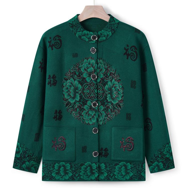 Grandma's Autumn New Tang Suit Sweater Jacket for Women, Middle-aged and Elderly Mothers Wear Autumn and Winter Cardigans for Blessing Letter Sweater