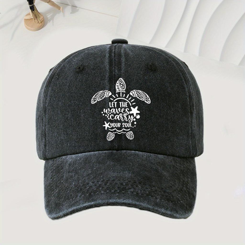 Turtle print baseball cap with retro washed style, adjustable unisex, ideal accessory for outdoor activities