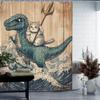 Tenda da Doccia Impermeabile Gatto che Cavalca un Dinosauro - Design Onde Oceaniche, Antimuffa, Facile da Pulire, Tessuto Resistente per Arredo Bagno