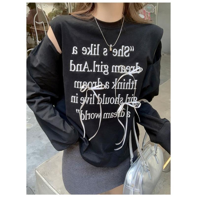 Autumn and Winter New Style Korean Design Bow Hollow Off-shoulder Letter Print Long-sleeved Off-shoulder Sweatshirt for Women