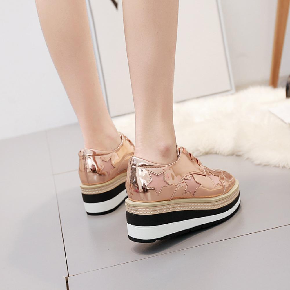 2026 Autumn Women Lace‑Up Wedge Platform Pumps, British Style Star Decor Striped Thick‑Sole Invisible Height‑Increase Waterproof Platform Casual Shoes