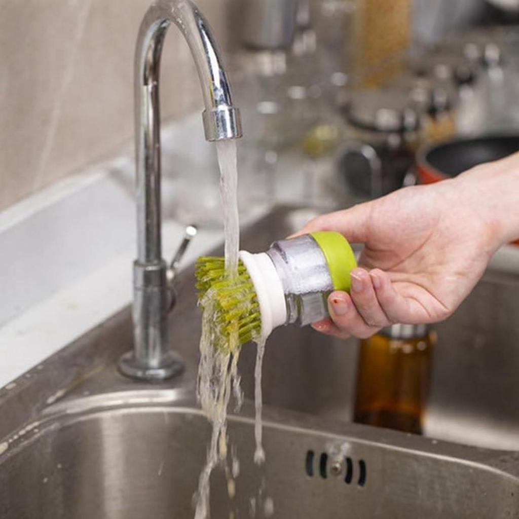 Kitchen Soap Dispenser Scrub Brush with Built-in Drip Tray, Palm-Sized Soft Bristles Dish Cleaning Tool for Sink Counter