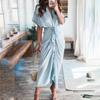 2026 Womens Elegant V-Neck Wrap Tie High-Waist Floral Print Long Dress Slim Fit Casual Office Wear