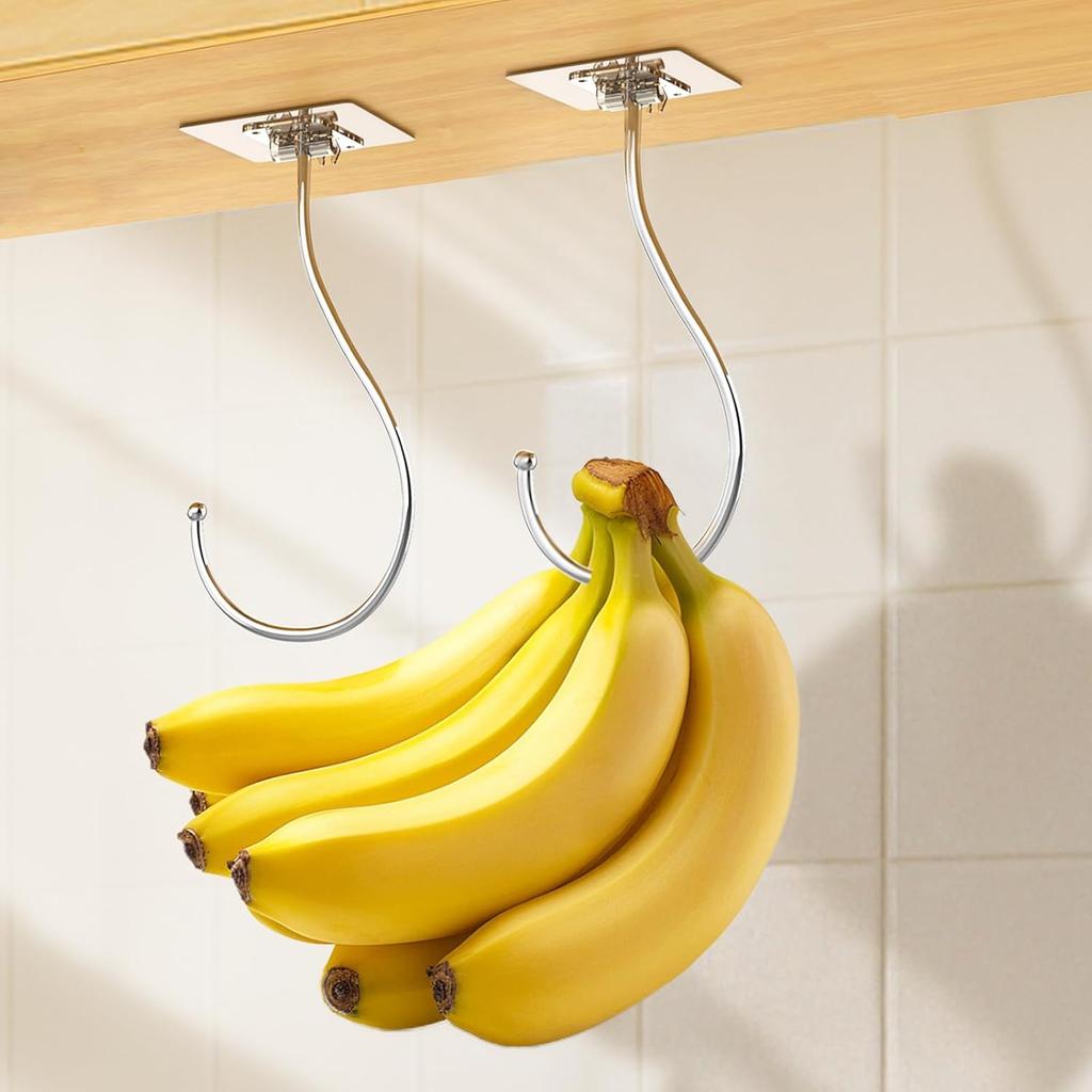 Self Adhesive Banana Hook Under Cabinet Foldable, 2 Pack Heavy Duty Metal Holder(13lb), Clear Banana Hanger Traceless, Keep Bananas Fresh & Kitchen