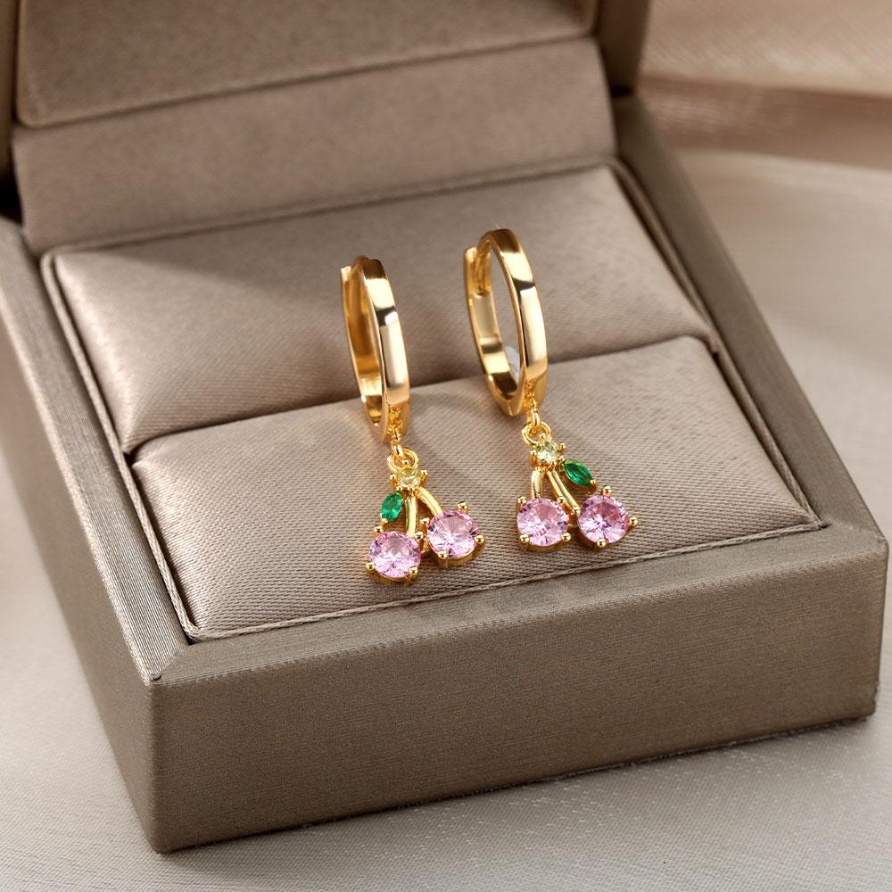 Crystal Fruit Cherry Drop Earrings For Women Stainless Steel Pink Cherry Earring Femme Fairy Fashion Boho Jewerly Gift