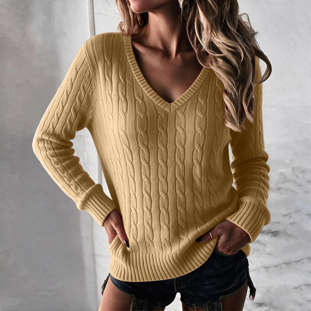 Maglione da Donna a Manica Lunga con Scollo a V a Treccia Colore