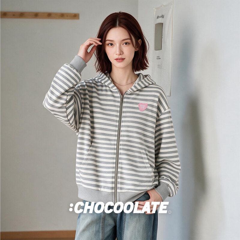 CHOCOOLATE Women's Striped Hooded Zip-Up Cardigan