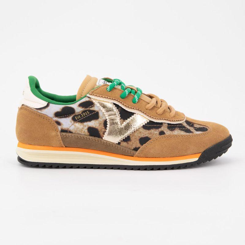 Baskets double lacets imprimé léopard avec liseré orange Femme VICTORIA