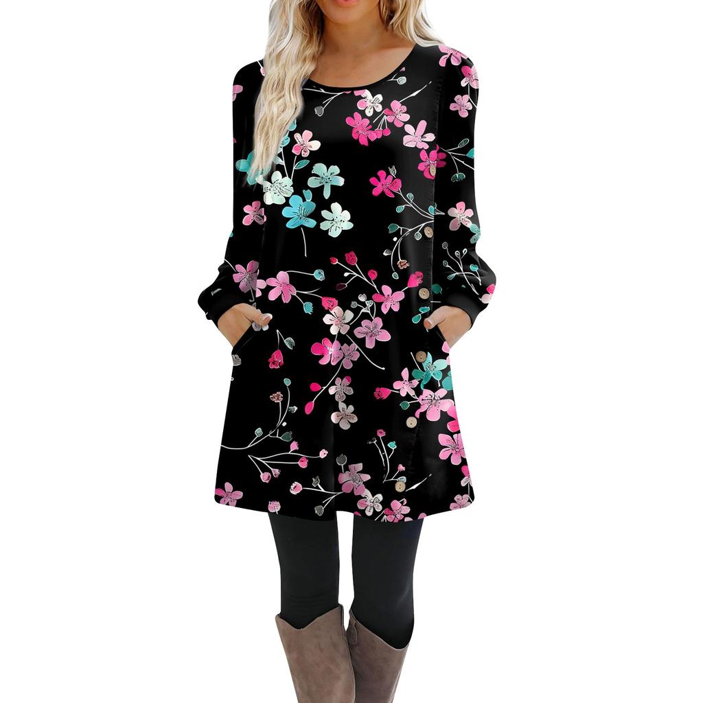 Damen Langarm A-Linien-Kleid Lässiger Pullover Mit Knopf Lockere Passform Kleid Mit Taschen