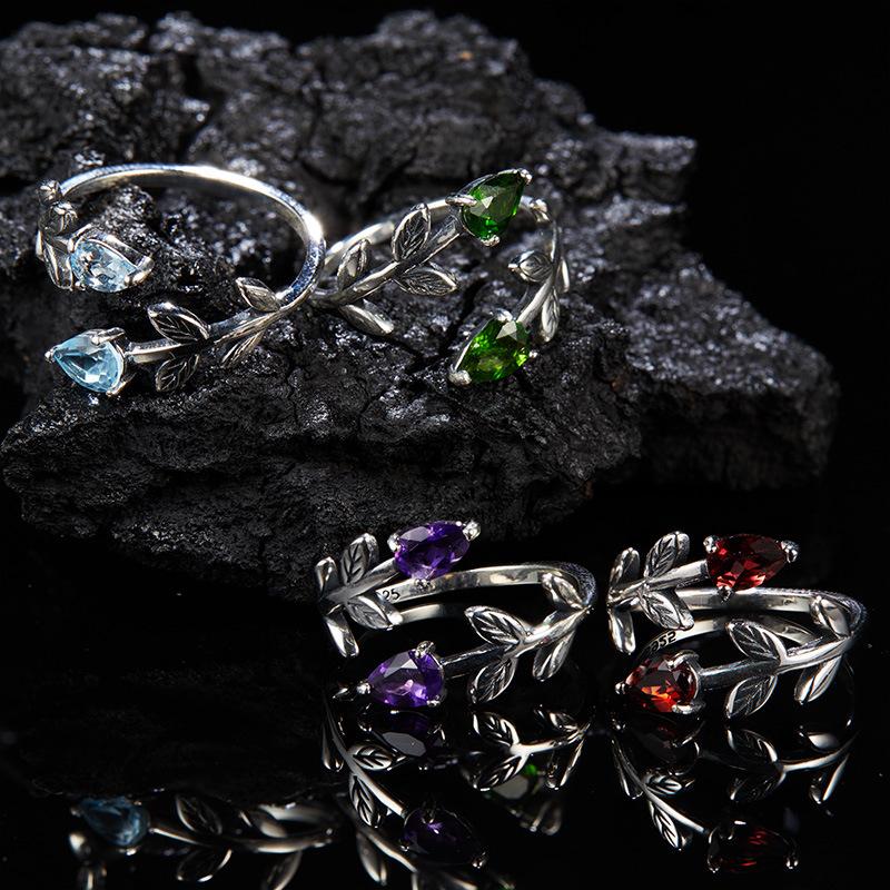 S925 Sterling Silver Natural Topaz Garnet Diopside Amethyst Color Treasure Ring Women'S Double Heart Shape