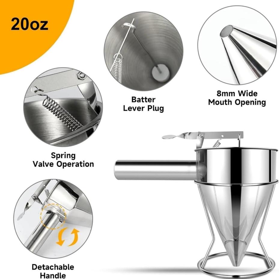 Pancake Batter Dispenser with 4 Nozzles Multi-Caliber Stainless Steel Funnel Cake Dispenser with Stand Great for Baked Goods