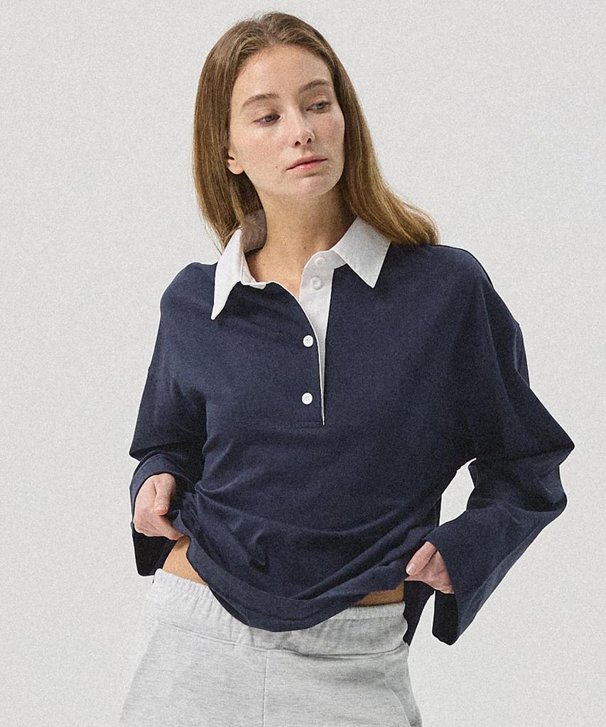 Aheule Airo Soft Cotton Oversized Rugby T-Shirt_Navy