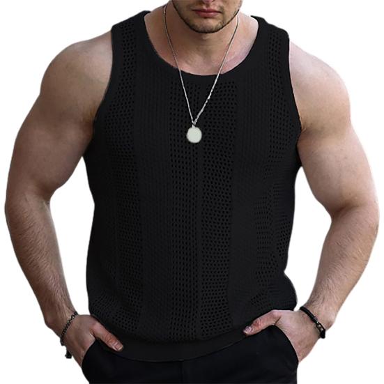 

O-Neck Sleeveless Men Vest Solid Color Ribbed Trim Thin Summer Casual Hollow Out Loose Knitting Vest Sportwear XL чорний