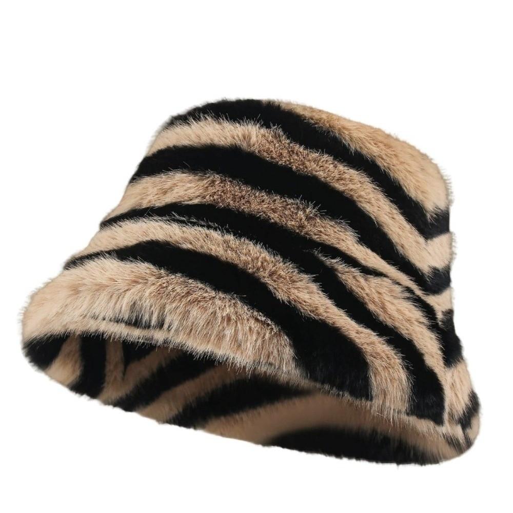 Fluffy Striped Fisherman Hat Zebra Pattern Bonnet Cap Warm Basin Hat