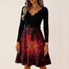 Kvinners avslappet mote langermet julegrafisk trykt vintage lange kjoler