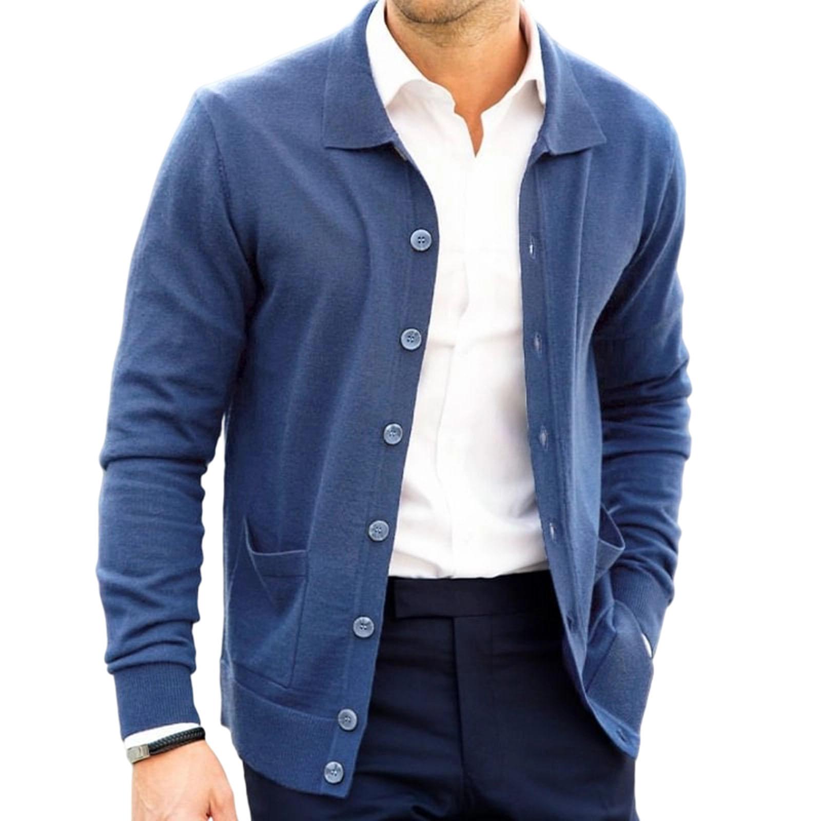 

Men s Flip Collar Cardigan Loose Fashion Single- Buckle Sweater Coat L