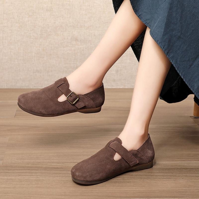 Fashion Leather Winter Flat Women's Shoes Leather Scrub Women's Shoes Mary Jane Shoes Warm Summer Pumps Loafers Retro Nostalgic Coffee