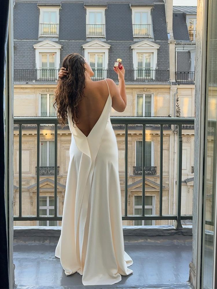 Elegant French Satin Backless Swing Neck Dress for Early Summer 2026
