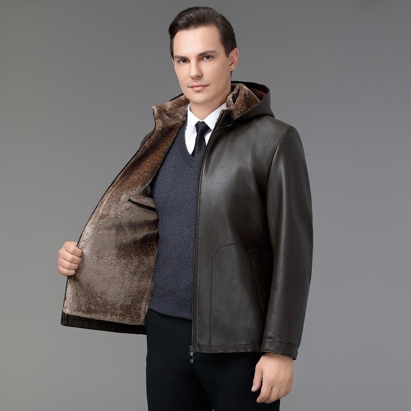 Autumn and Winter Fur All-in-one Men's Sheepskin Leather Jacket Lambswool Middle-aged Hooded Fur Coat Thick