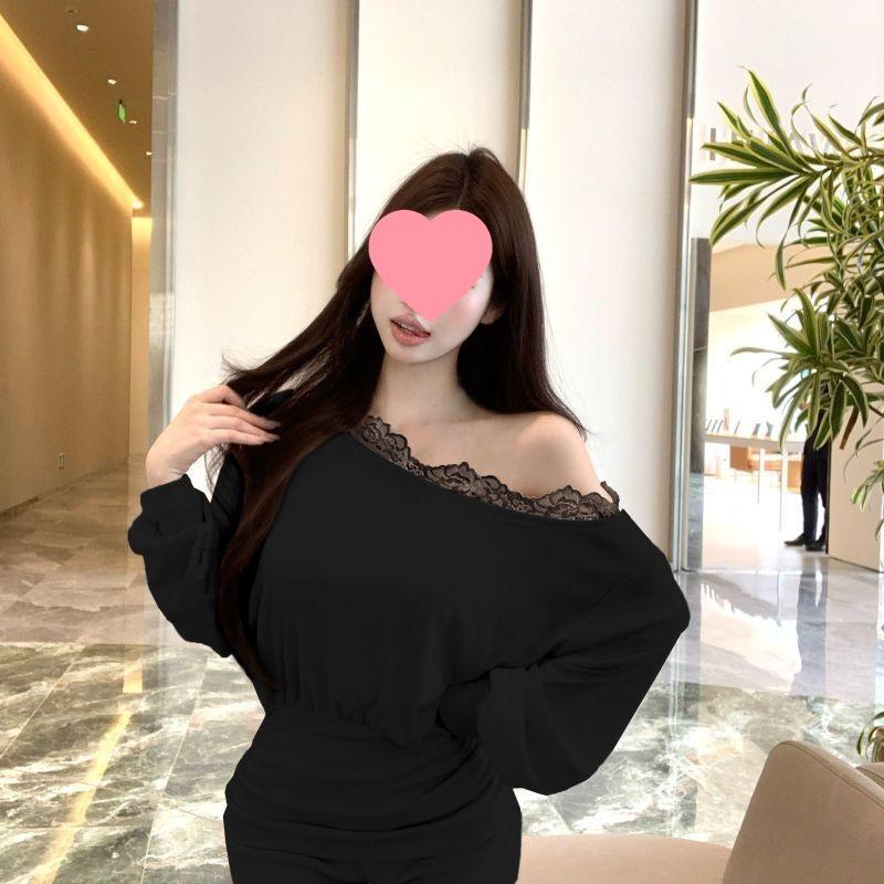 Korean-Style Lace Patchwork Long Sleeve T-Shirt - Spring 2025 Fashion: Sexy, Slimming, Modal