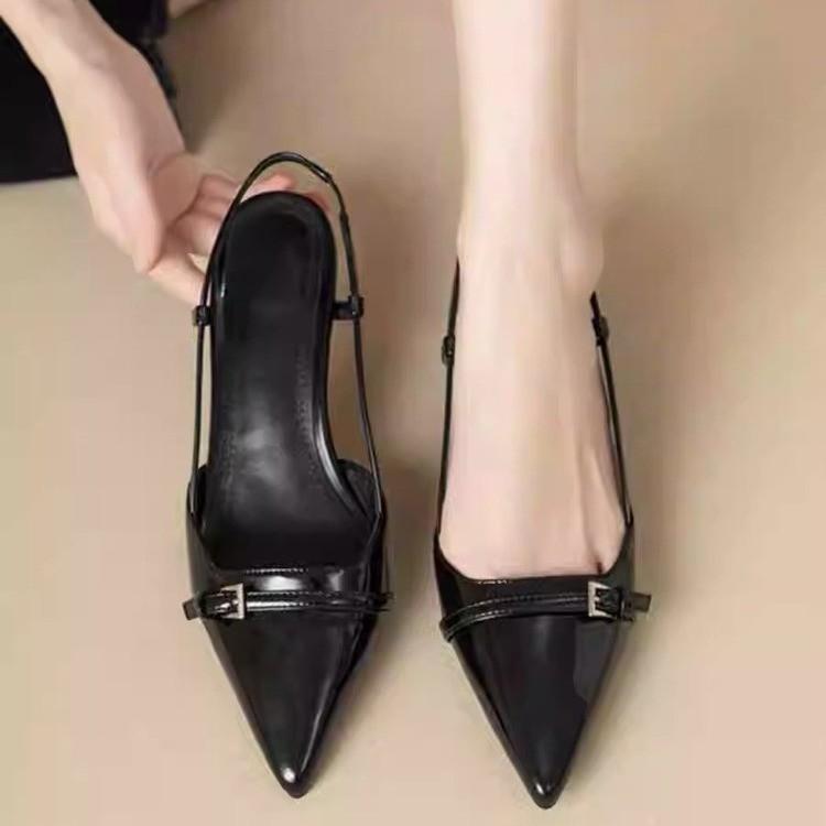 2025 summer Korean version pointed fashion shoes Internet celebrities with skirts versatile burgundy one word buckle belt women's shoes