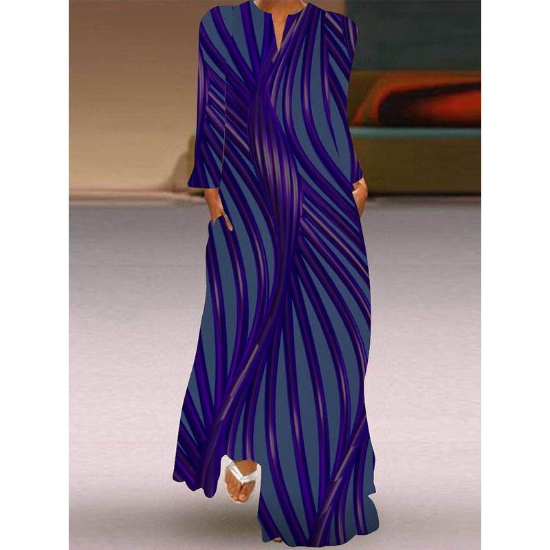 2025 Autumn New Women's Blue Chinese Dragon Pattern Long Sleeves Pocket Dress Stage Show Performance Costume