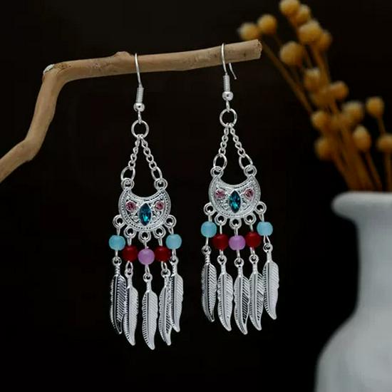 Peacock Tassel Earrings with Hollow Leaf Design in Retro Ethnic Style Imitation Silver for Women