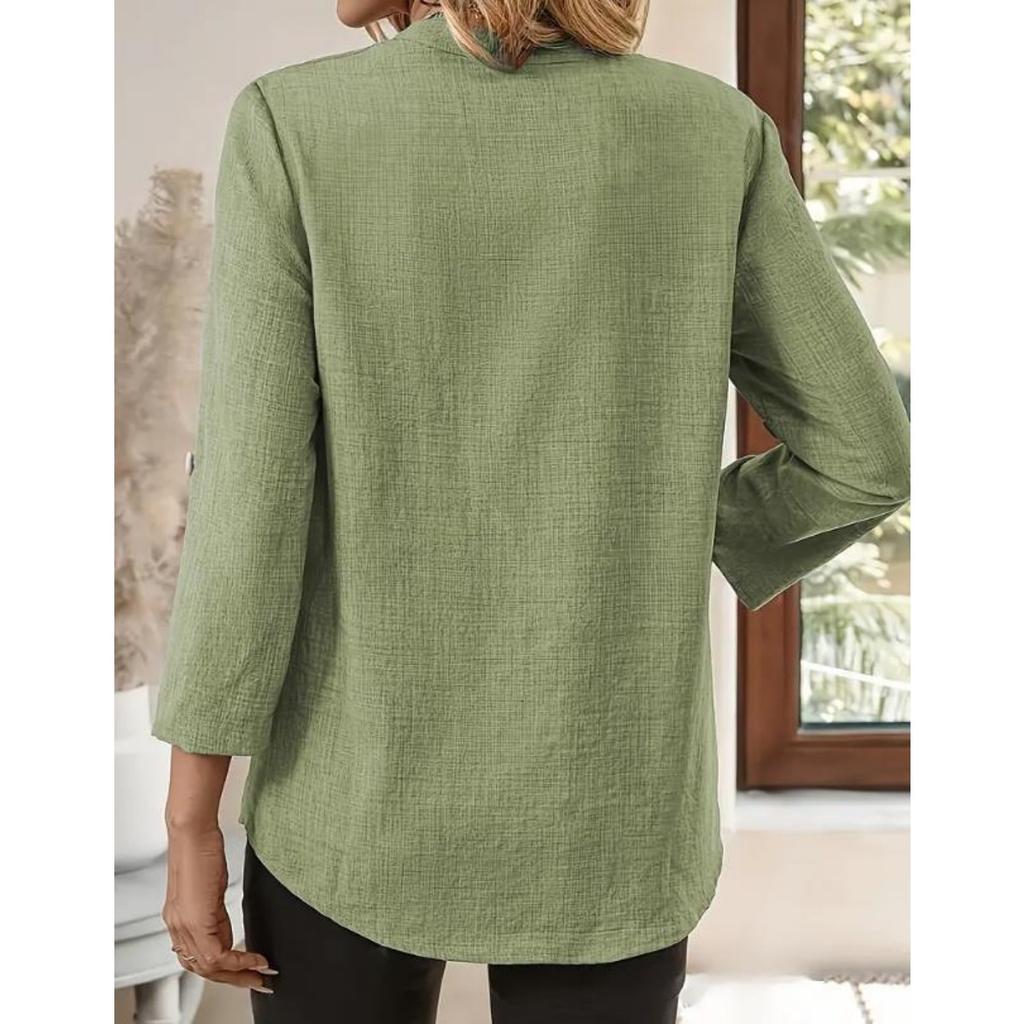 Dámský elegantní top s dlouhým rukávem a výstřihem do V, jednobarevný design, knoflíkové detaily, lehká látka