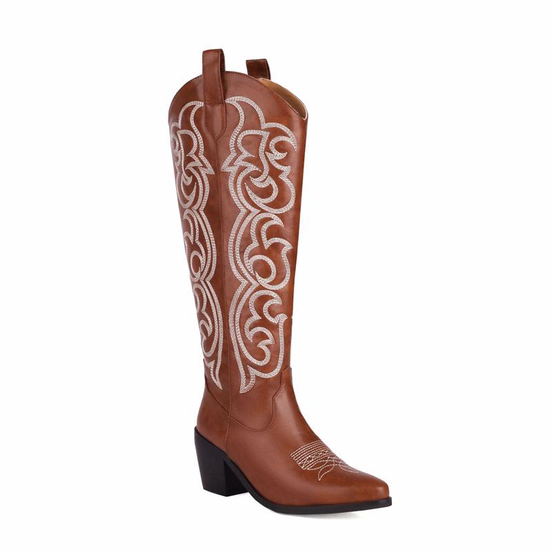 Fashion IPPEUM Cowboy Boots Red Embroider Knee High Chunky Heel Cowgirl Women Western Shoes