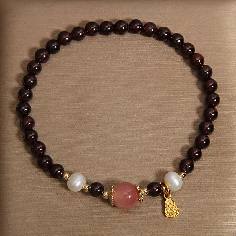 Exquisite Natural Pearl & Agate Bracelet with Garnet and Gourd Charm for Wealth Attraction, Stackable and Luxurious for Women