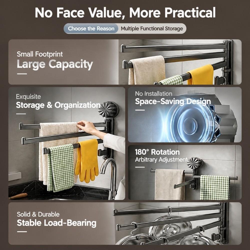 Suction Cup Towel Holder 3-Bar Bath Towel Rack Rotating Towel Hanger  for Kitchen&Bathroom