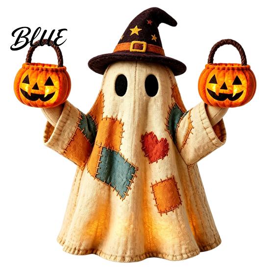 Nostalgic Fall Mantel Decor Lighted Vintage Patchwork Ghost LED Light Up Ghost with Pumpkin Lantern Spooky Classroom Halloween Desk Accessories Cute