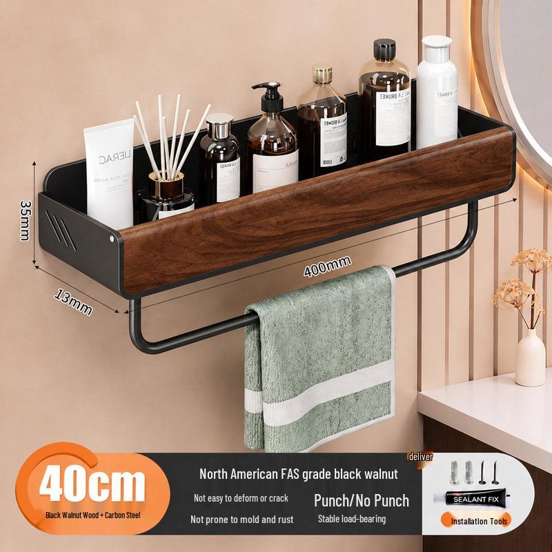 Walnut Corner Bathroom Shelf for Cosmetics, No-Drill Triangle Stand.