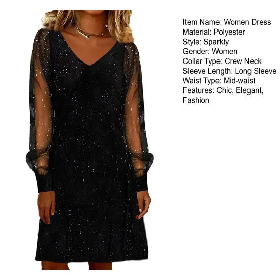 Women's Sparkly Mesh Long Sleeve Mini Dress Glitter V Neck Banquet Cocktail Party Dress Going Out Club Night Outfits
