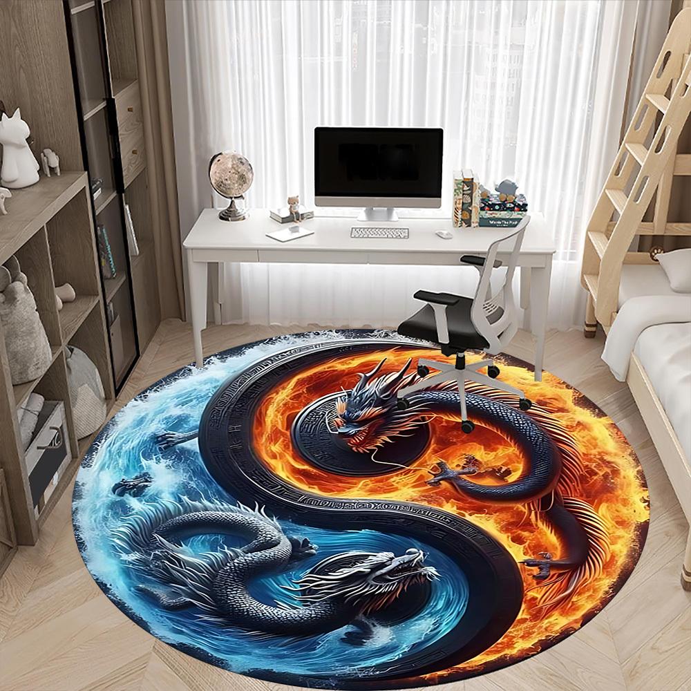 1pc Yin Yang Dragons Chair Carpet for Office, Round Non Slip Durable Large Size Office Carpet, Suitable for Office