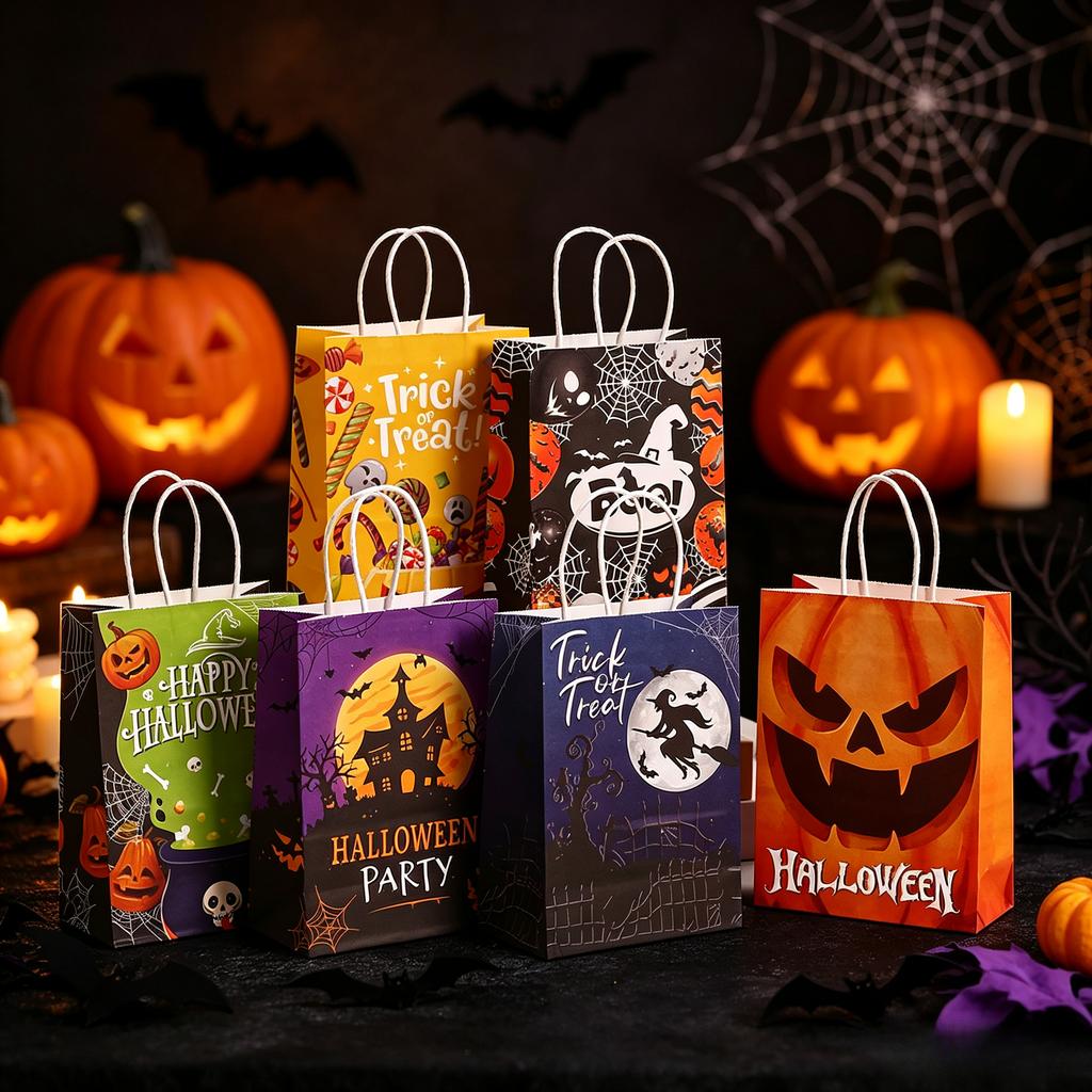 Halloween Paper Gift Bags Trick or Treat Candy Packaging Bags Pumpkin Witch Spider Print Bags Halloween Party Decor Supplies