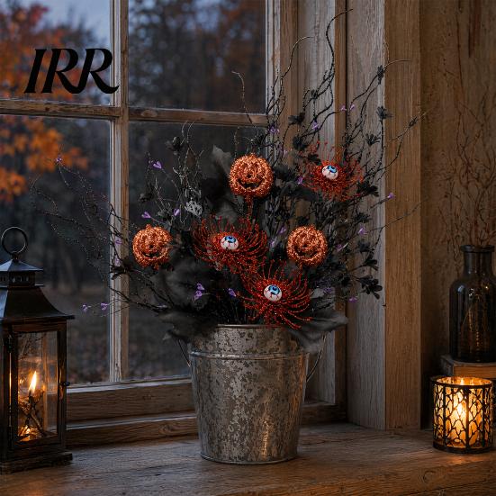 Outdoor Halloween Decor Artificial Branch with Pumpkin And Eyeball, Black Glitter Fake Twig Party Maple Leaves for Gothic Vase Filler, Party,