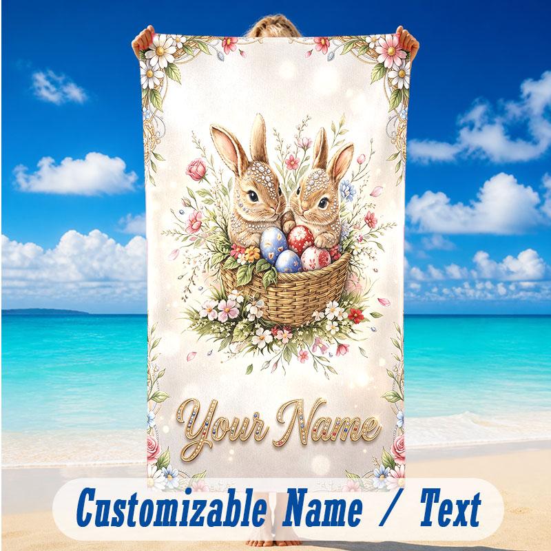 Easter Bunny Theme Beach Towel Personalized Custom Name & Text Soft Quick Dry Beach Towel for Swimming Travel