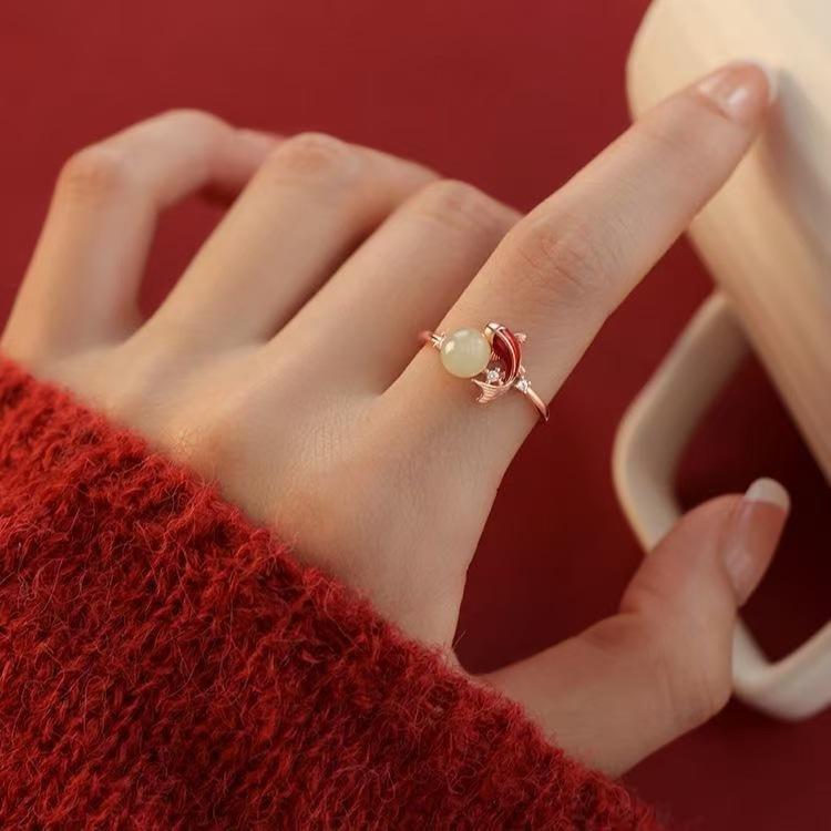 Vynikající prsteny s korálky na ukazováček, trendy otevřené prsteny se zirkony a motivem ryby pro ženy, módní párty doplňky, šperky, dárek