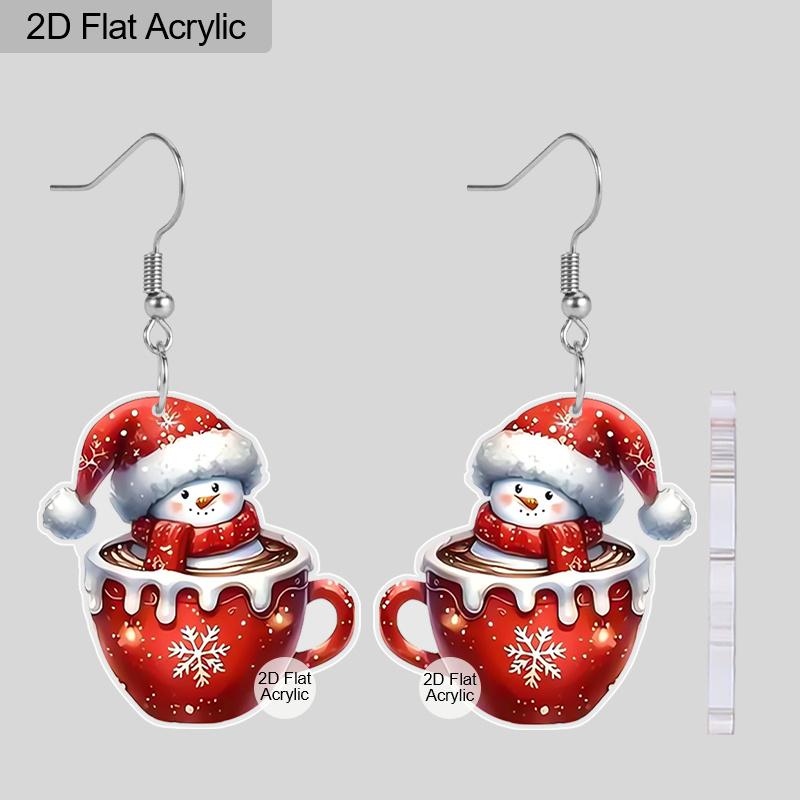 

2D Плоские 1 пара Рождественский фестиваль Акриловые Мультяшные Рождественские Снеговики Узор Кофейной Чашки Серьги Рождественские Украшения для Женщин красный